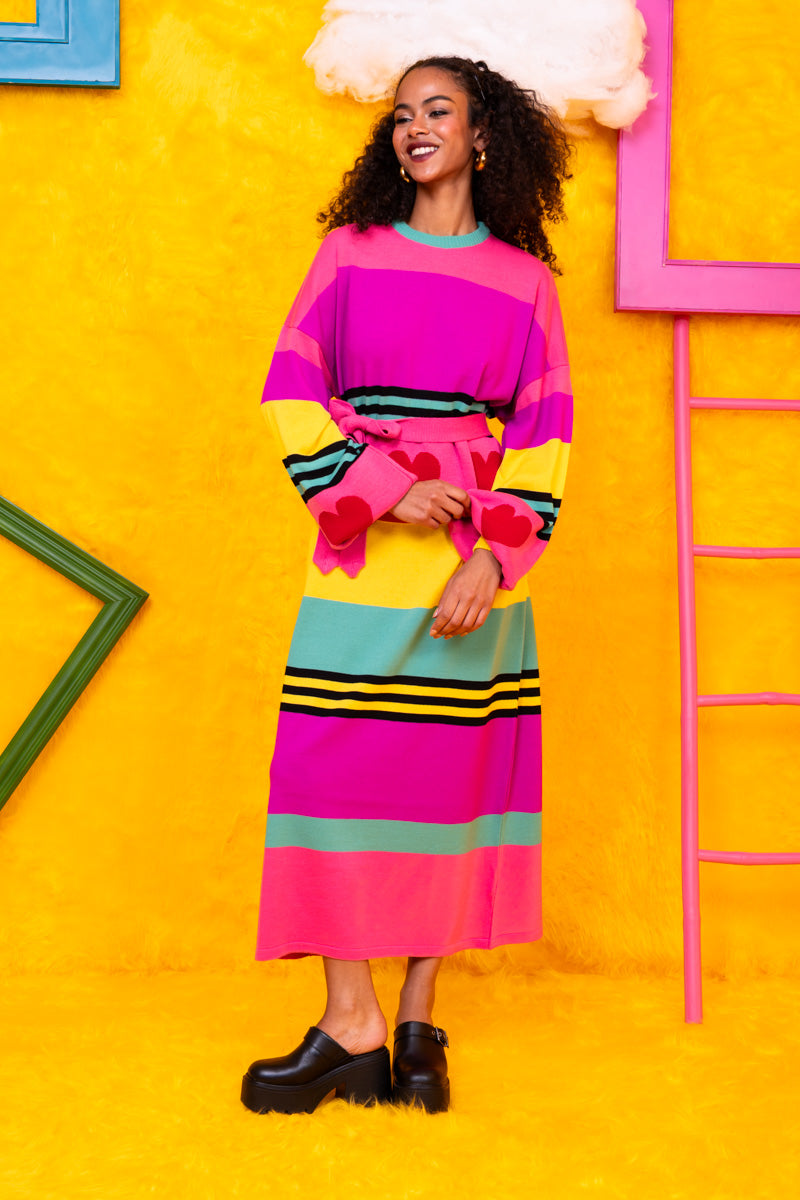Natalie Knitted Dress Pink Hearts Stripes Φόρεμα με Ζώνη Petit Boutik