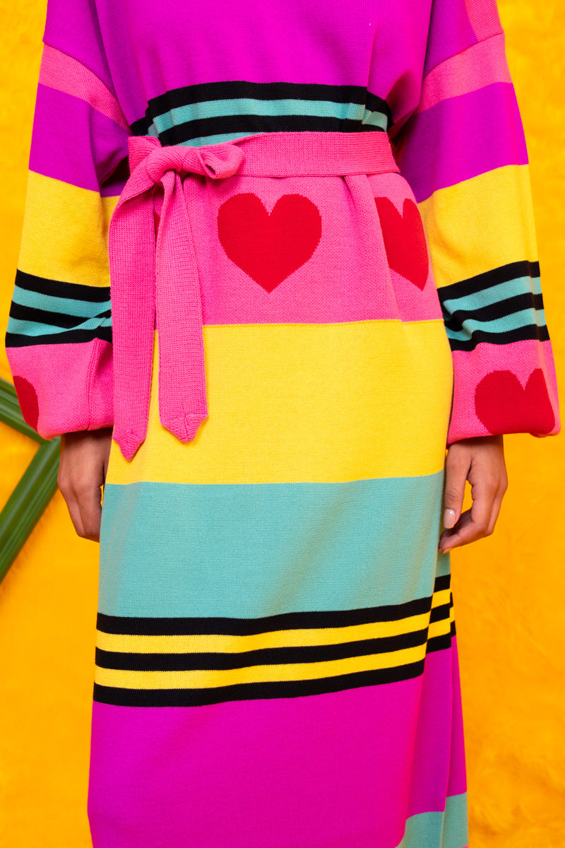 Natalie Knitted Dress Pink Hearts Stripes Φόρεμα με Ζώνη Petit Boutik