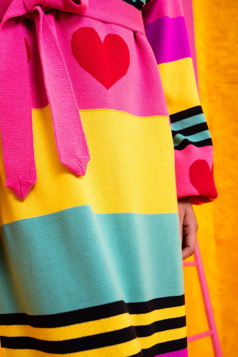 Natalie Knitted Dress Pink Hearts Stripes Φόρεμα με Ζώνη Petit Boutik