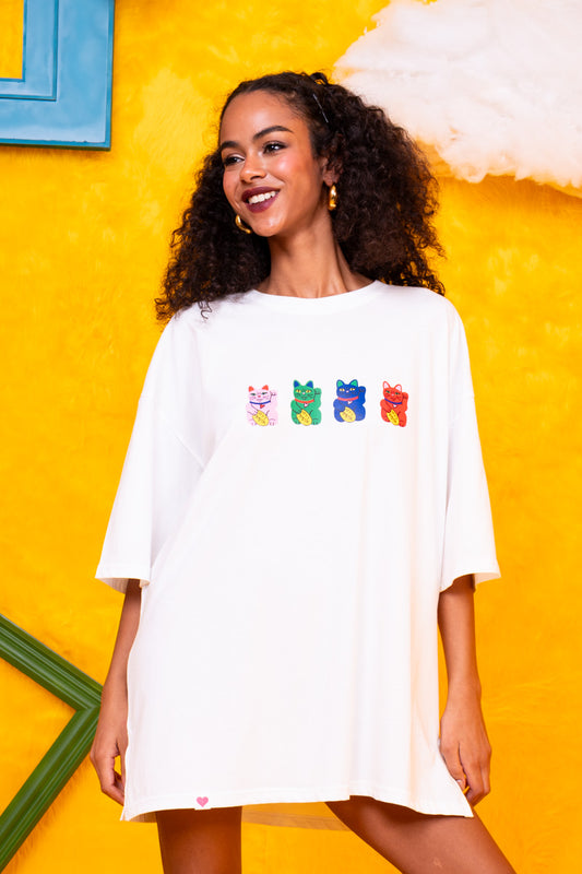 T-shirt Blouse White Lucky Japan Cats Κοντομάνικο Μπλουζάκι Petit Boutik