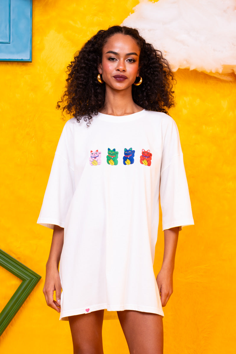 T-shirt Blouse White Lucky Japan Cats Κοντομάνικο Μπλουζάκι Petit Boutik