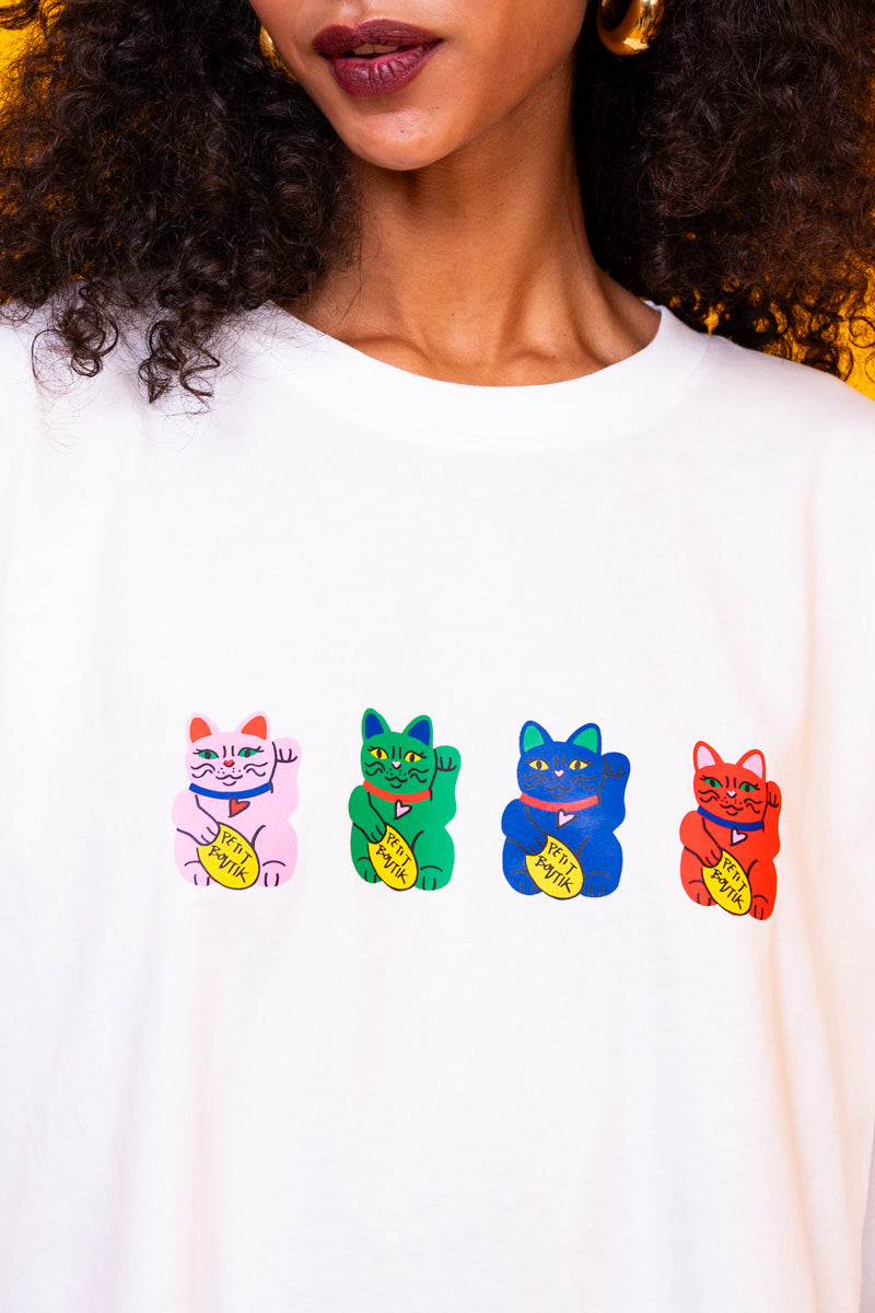 T-shirt Blouse White Lucky Japan Cats Κοντομάνικο Μπλουζάκι Petit Boutik