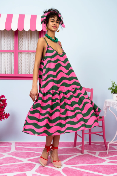 Merilin Frill Dress Green Pink Waves Τιραντέ Φόρεμα με Τσέπες Petit Boutik