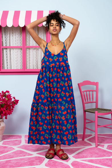 Athena Dress Blue Red Strawberries Φόρεμα με Ζώνη & Τσέπες Petit Boutik