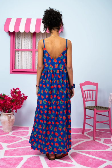 Athena Dress Blue Red Strawberries Φόρεμα με Ζώνη & Τσέπες Petit Boutik