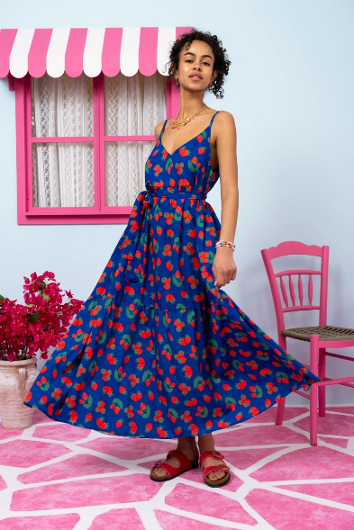 Athena Dress Blue Red Strawberries Φόρεμα με Ζώνη & Τσέπες Petit Boutik