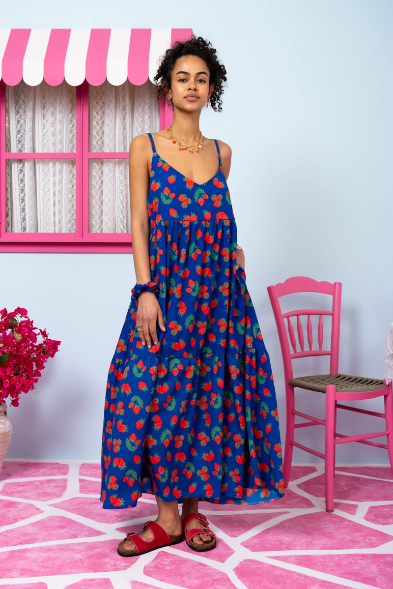 Athena Dress Blue Red Strawberries Φόρεμα με Ζώνη & Τσέπες Petit Boutik