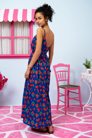 Athena Dress Blue Red Strawberries Φόρεμα με Ζώνη & Τσέπες Petit Boutik
