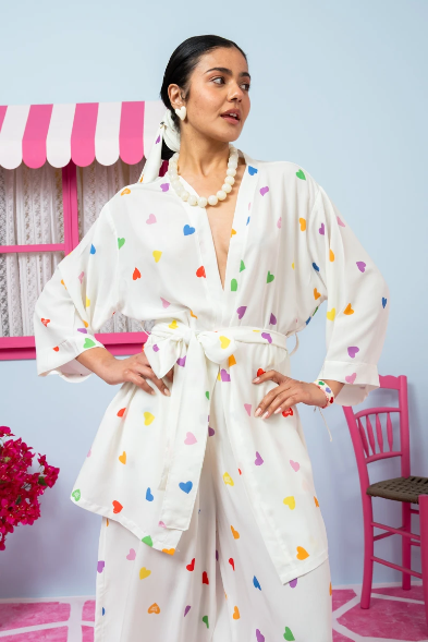 Loucia Kimono Vis Cream Hearts Rainbow Color Κιμονό με Ζώνη Petit Boutik