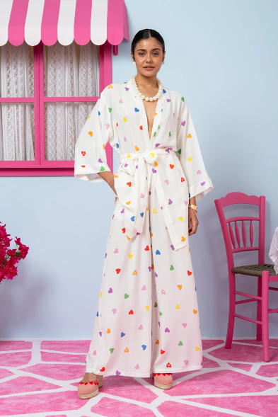 Loucia Kimono Vis Cream Hearts Rainbow Color Κιμονό με Ζώνη Petit Boutik