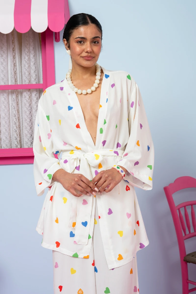 Loucia Kimono Vis Cream Hearts Rainbow Color Κιμονό με Ζώνη Petit Boutik
