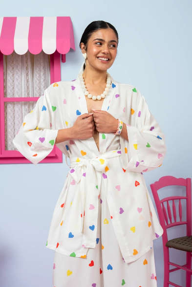 Loucia Kimono Vis Cream Hearts Rainbow Color Κιμονό με Ζώνη Petit Boutik