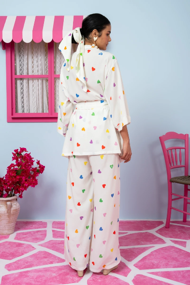 Loucia Kimono Vis Cream Hearts Rainbow Color Κιμονό με Ζώνη Petit Boutik