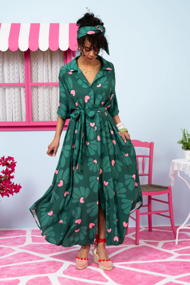 Olia Shirt Dress Vis Green Leaves Hearts Σεμιζιέ Φόρεμα με Ζώνη & Τσέπες Petit Boutik