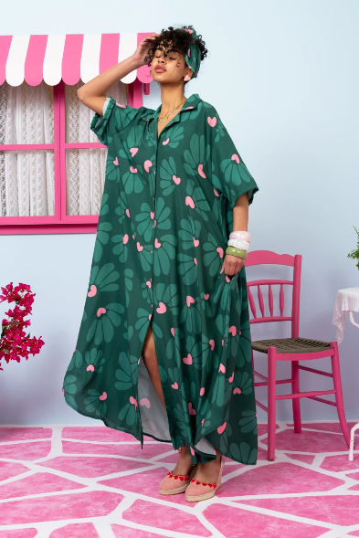 Olia Shirt Dress Vis Green Leaves Hearts Σεμιζιέ Φόρεμα με Ζώνη & Τσέπες Petit Boutik