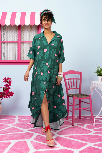 Olia Shirt Dress Vis Green Leaves Hearts Σεμιζιέ Φόρεμα με Ζώνη & Τσέπες Petit Boutik