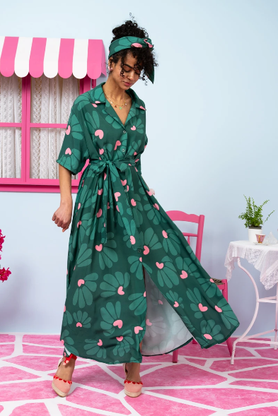 Olia Shirt Dress Vis Green Leaves Hearts Σεμιζιέ Φόρεμα με Ζώνη & Τσέπες Petit Boutik