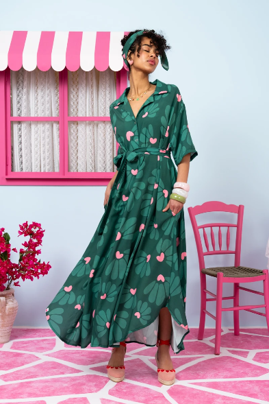 Olia Shirt Dress Vis Green Leaves Hearts Σεμιζιέ Φόρεμα με Ζώνη & Τσέπες Petit Boutik