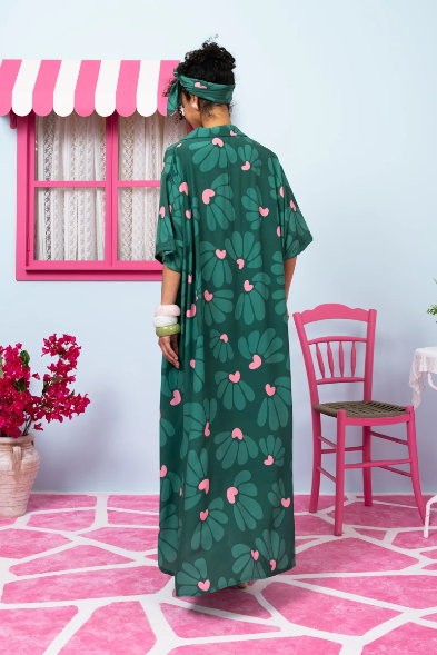 Olia Shirt Dress Vis Green Leaves Hearts Σεμιζιέ Φόρεμα με Ζώνη & Τσέπες Petit Boutik