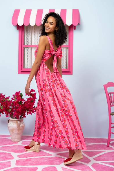 Naya Dress Pink Floral Stripes Εξώπλατο Με Δέσιμο Τιραντέ Φόρεμα & Τσέπες Petit Boutik