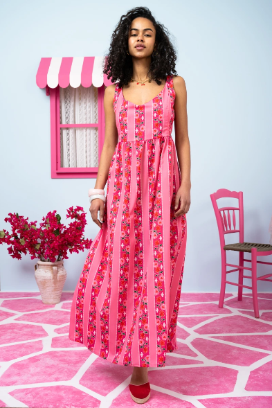 Naya Dress Pink Floral Stripes Εξώπλατο Με Δέσιμο Τιραντέ Φόρεμα & Τσέπες Petit Boutik
