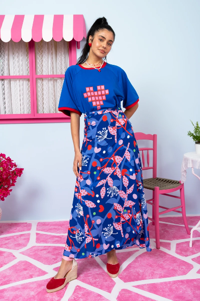 Klara Wrap Skirt Vis Blue Pink Floral Δετή Φούστα Petit Boutik