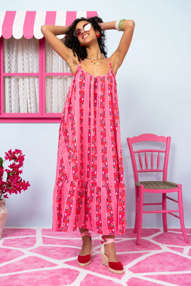 Linda Frill Dress Pink Floral Stripes Τιραντέ Φόρεμα με Ζώνη & Τσέπες Petit Boutik