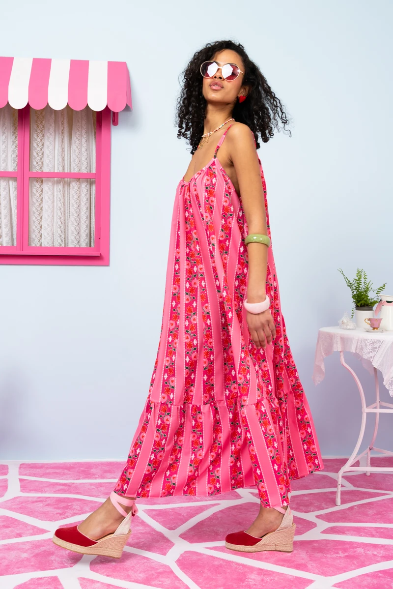 Linda Frill Dress Pink Floral Stripes Τιραντέ Φόρεμα με Ζώνη & Τσέπες Petit Boutik