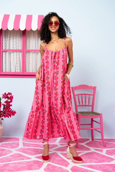 Linda Frill Dress Pink Floral Stripes Τιραντέ Φόρεμα με Ζώνη & Τσέπες Petit Boutik