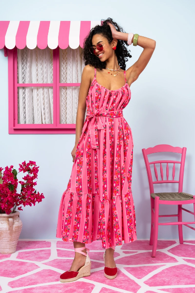 Linda Frill Dress Pink Floral Stripes Τιραντέ Φόρεμα με Ζώνη & Τσέπες Petit Boutik