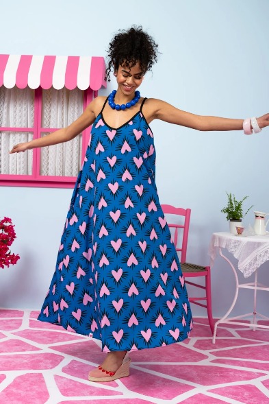 Matina Dress Blue Hearts Pink Spikes Φόρεμα με Ζώνη & Τσέπες Petit Boutik