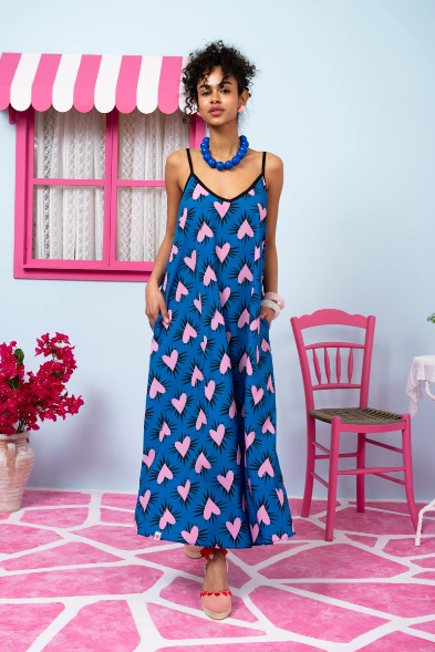 Matina Dress Blue Hearts Pink Spikes Φόρεμα με Ζώνη & Τσέπες Petit Boutik