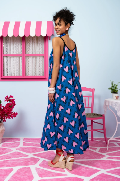 Matina Dress Blue Hearts Pink Spikes Φόρεμα με Ζώνη & Τσέπες Petit Boutik