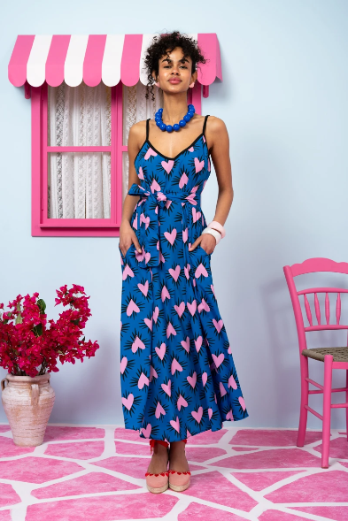 Matina Dress Blue Hearts Pink Spikes Φόρεμα με Ζώνη & Τσέπες Petit Boutik