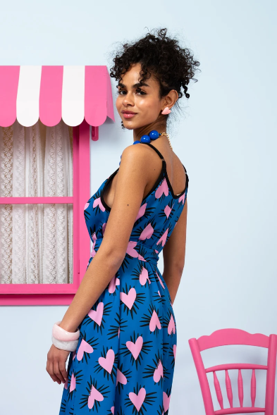 Matina Dress Blue Hearts Pink Spikes Φόρεμα με Ζώνη & Τσέπες Petit Boutik