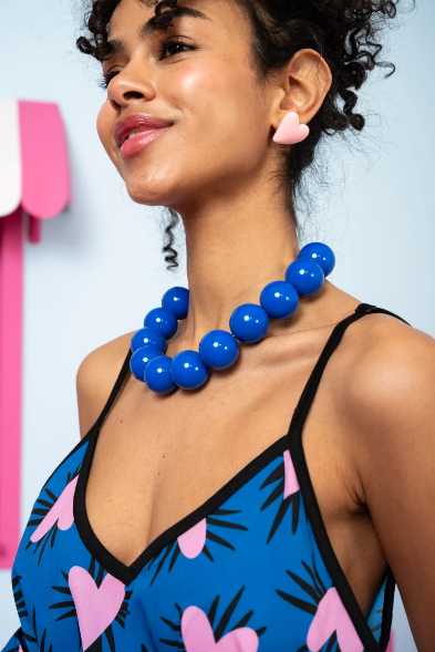 Matina Dress Blue Hearts Pink Spikes Φόρεμα με Ζώνη & Τσέπες Petit Boutik