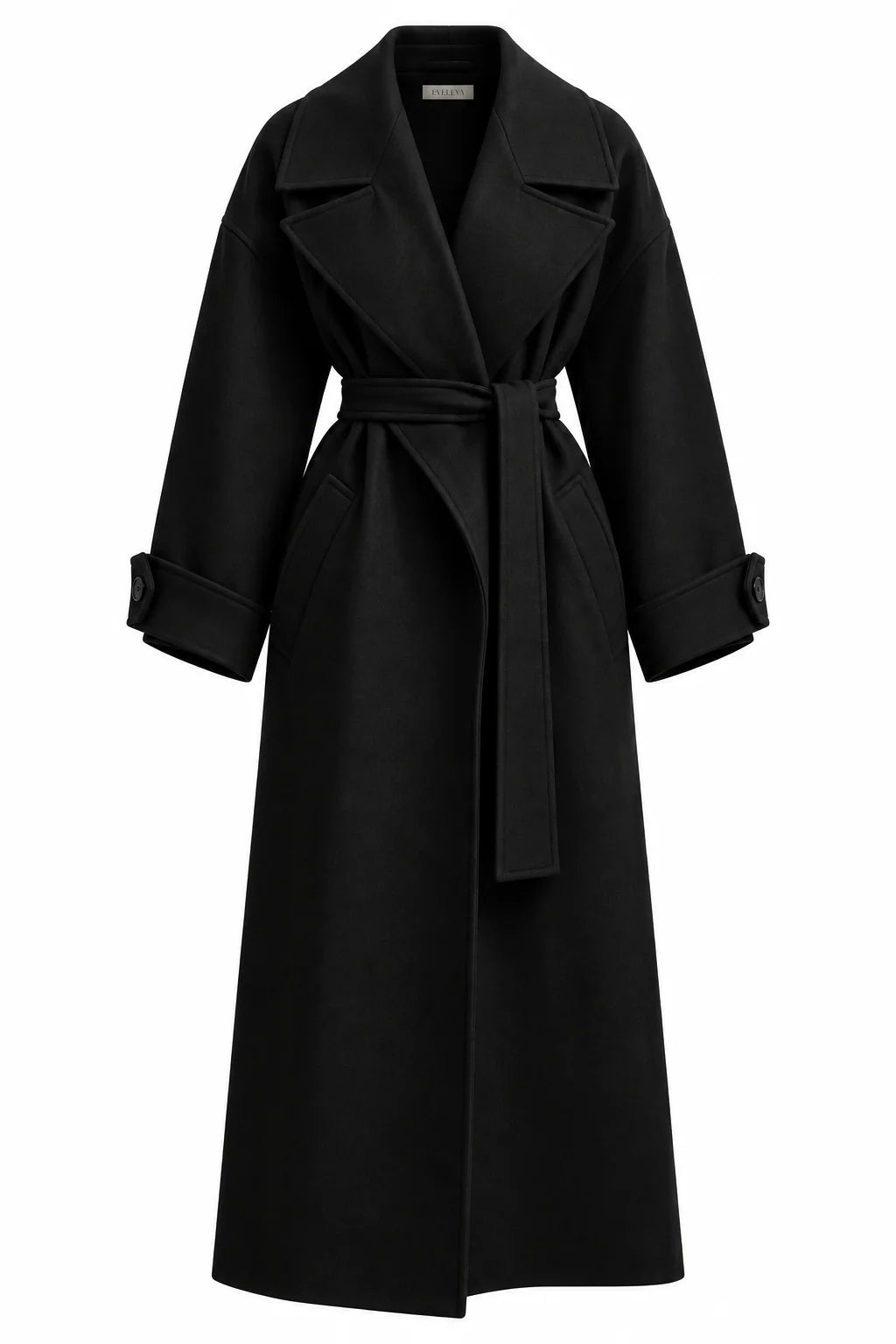 BLACK OVERSIZED BELTED MAXI COAT