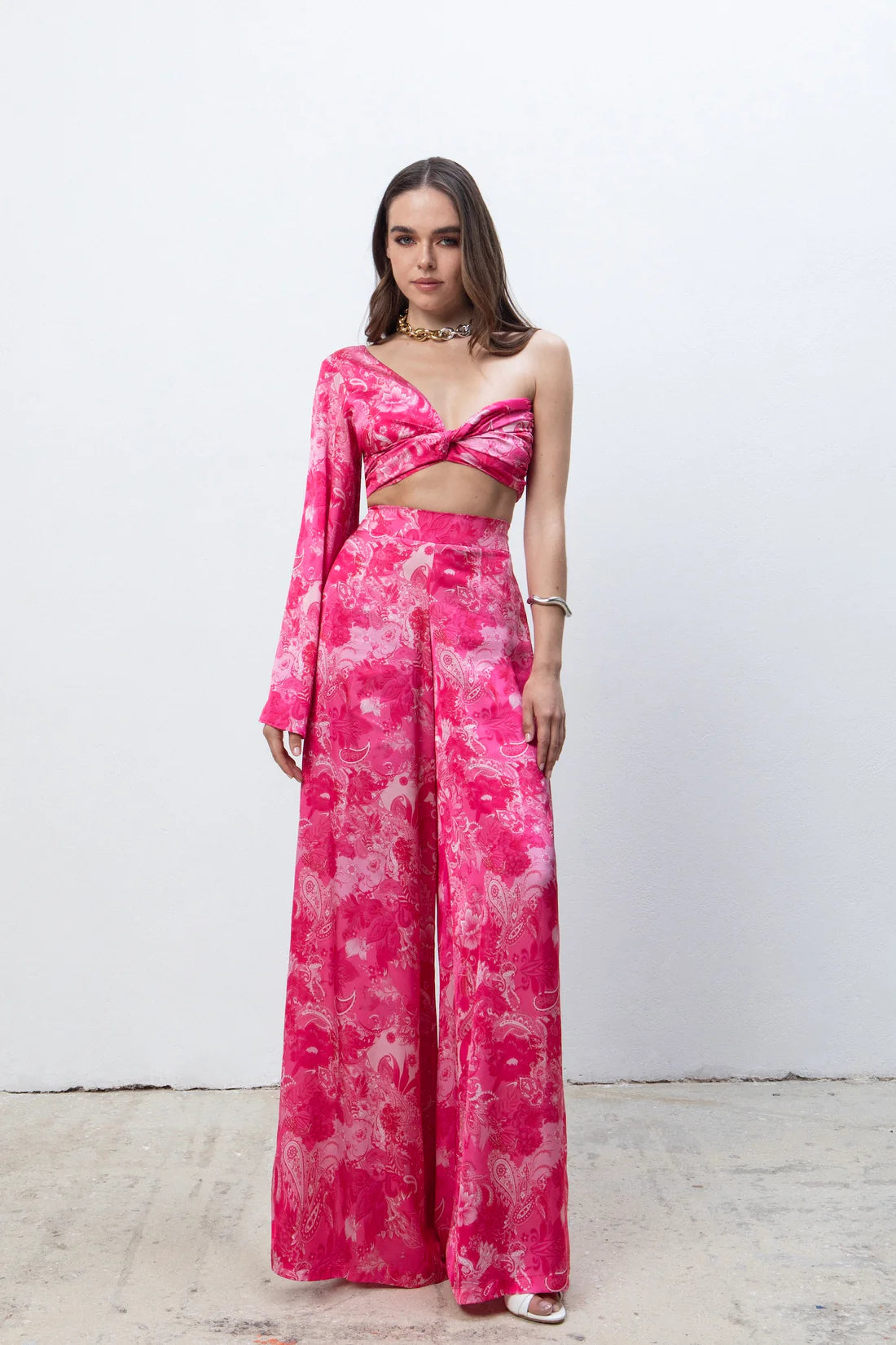 FUCHSIA PAISLEY HIGH WAISTED SATIN PANTS