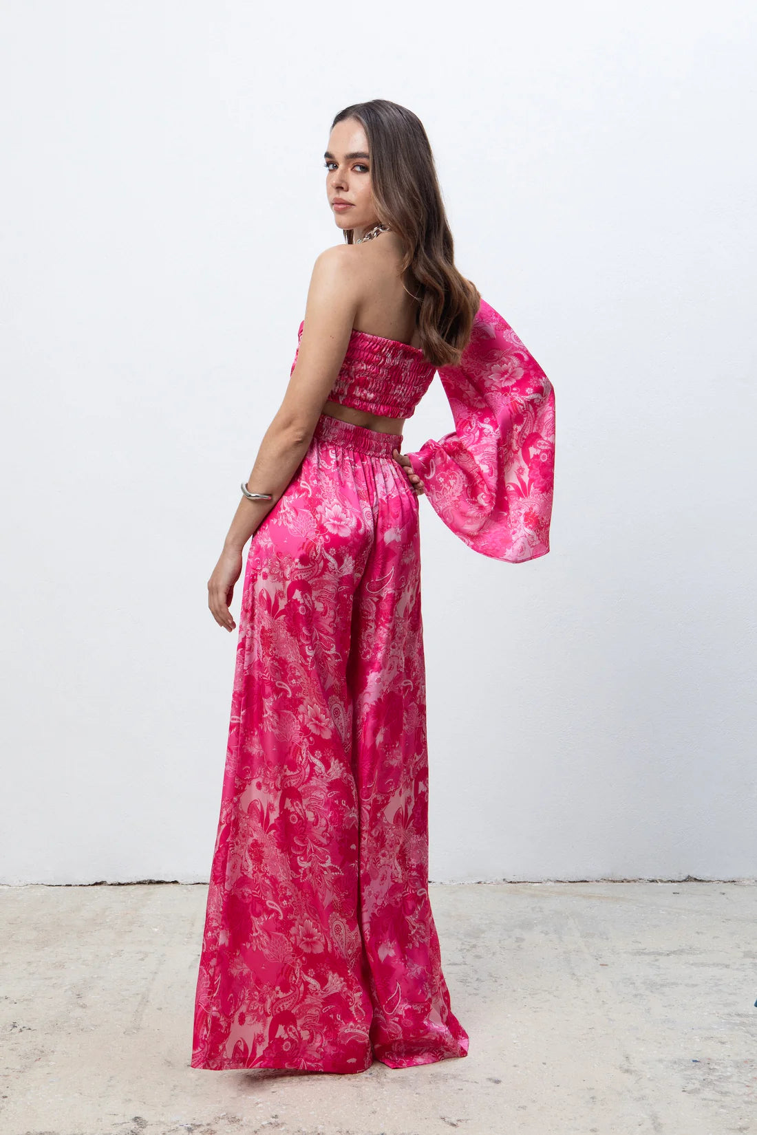 FUCHSIA PAISLEY ONE SHOULDER SATIN TOP