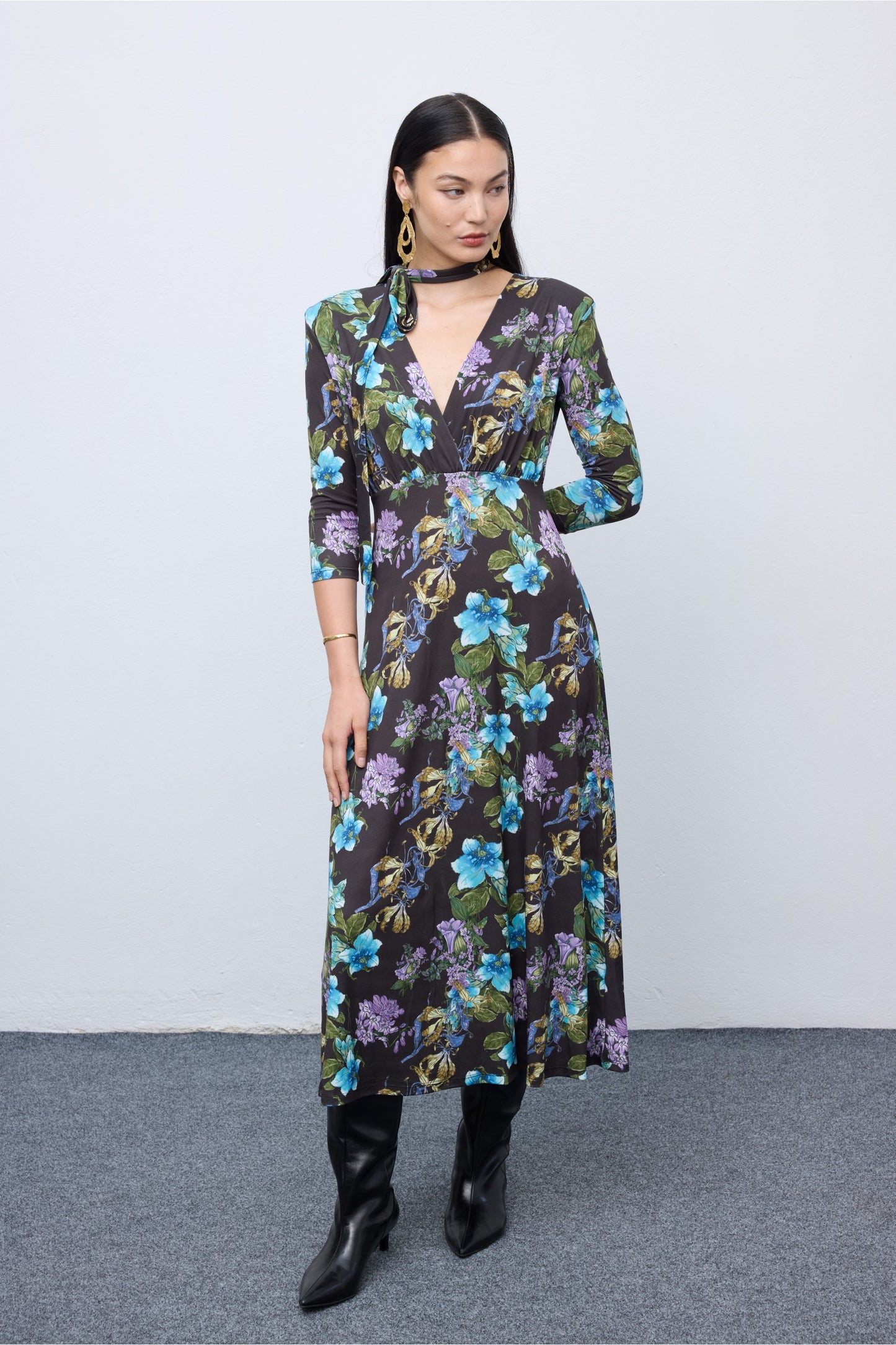 Mocha Bloom Midi Jersey Dress