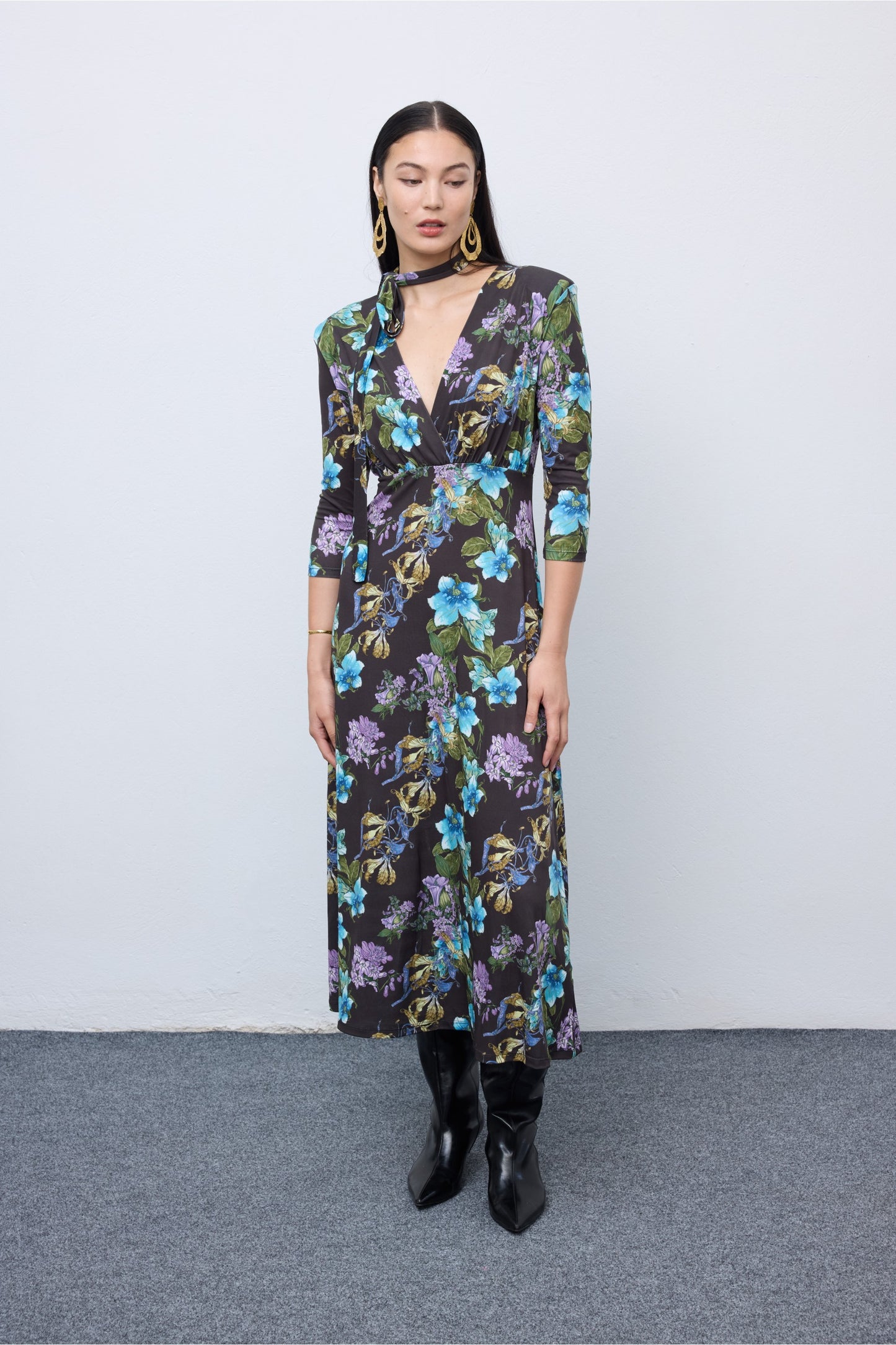 Mocha Bloom Midi Jersey Dress