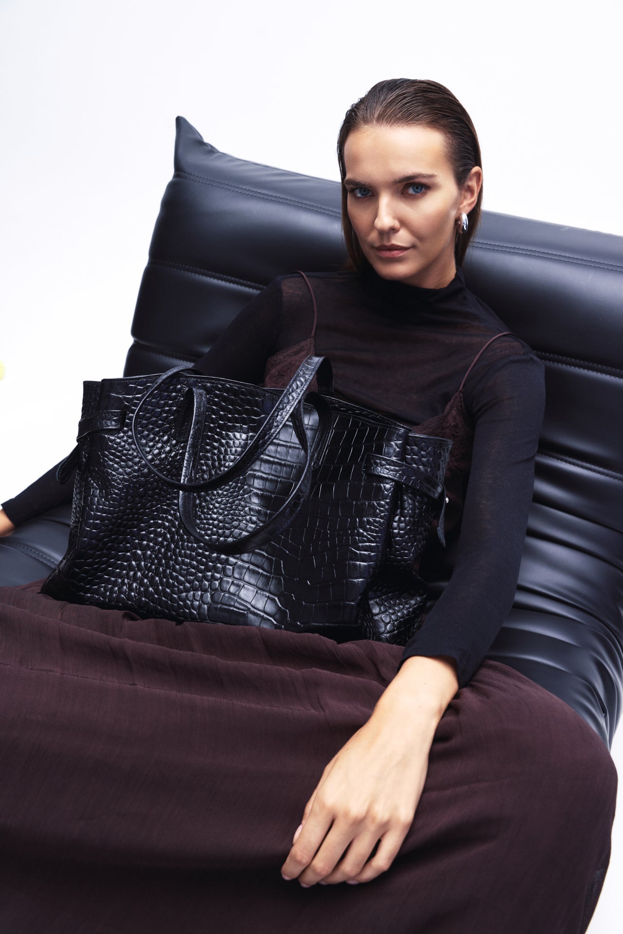 LORENE ΔEΡΜΑΤΙΝΗ SHOPPER ΤΣΑΝΤΑ ΜΑΥΡΗ ΚΡΟΚΟ