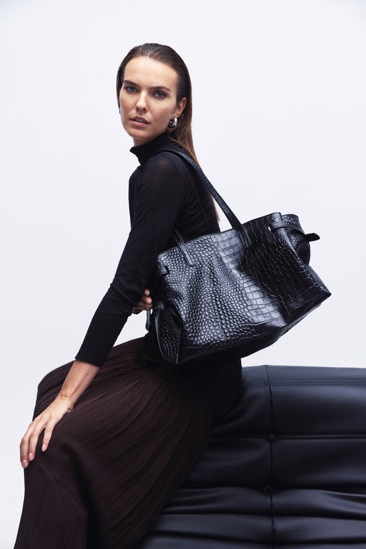 LORENE ΔEΡΜΑΤΙΝΗ SHOPPER ΤΣΑΝΤΑ ΜΑΥΡΗ ΚΡΟΚΟ