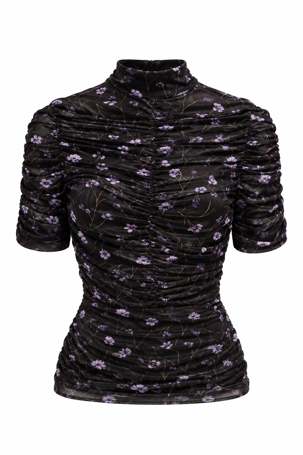 VIOLETTA RUCHED FLORAL MESH TOP