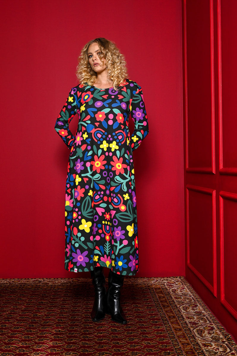 Amelia Dress Mexican Flowers Black Φούτερ Φόρεμα με Ζώνη Petit Boutik