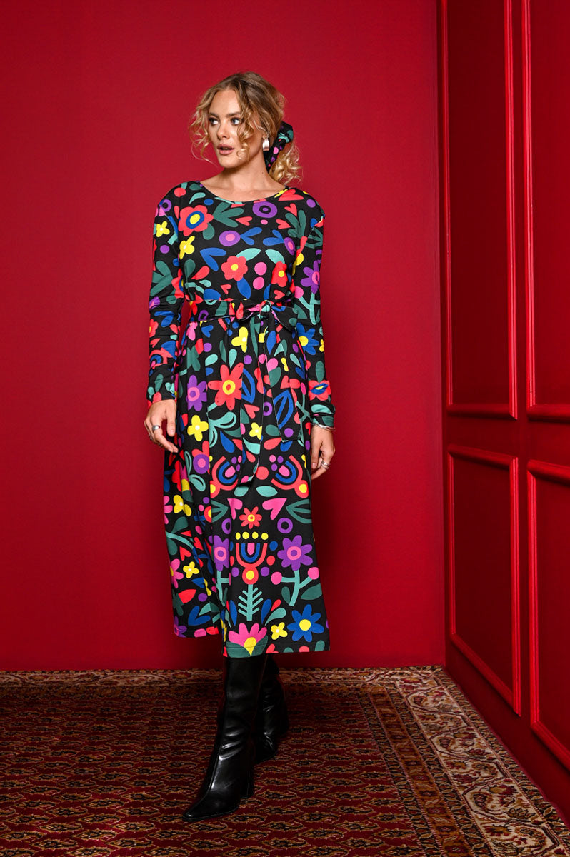 Amelia Dress Mexican Flowers Black Φούτερ Φόρεμα με Ζώνη Petit Boutik