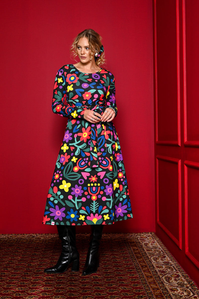 Amelia Dress Mexican Flowers Black Φούτερ Φόρεμα με Ζώνη Petit Boutik