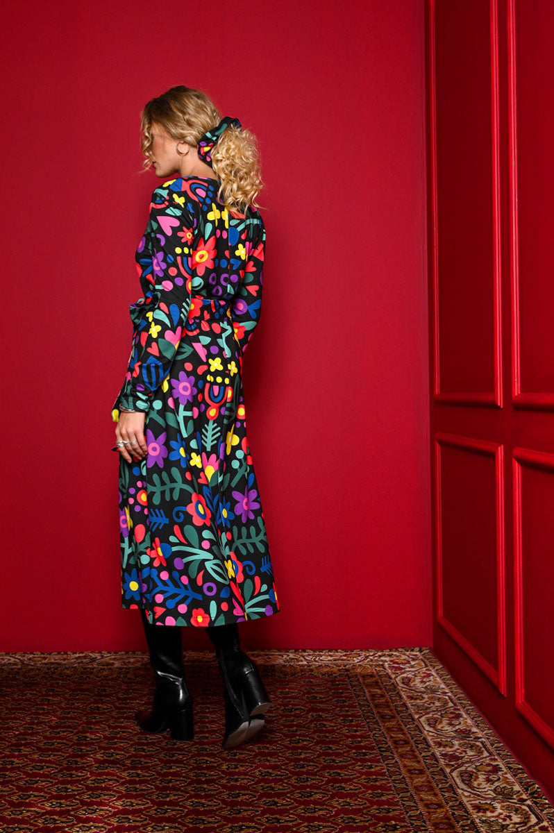 Amelia Dress Mexican Flowers Black Φούτερ Φόρεμα με Ζώνη Petit Boutik