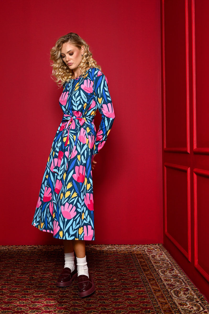 Amelia Dress Petrol Pink Tulips Φούτερ Φόρεμα με Ζώνη Petit Boutik