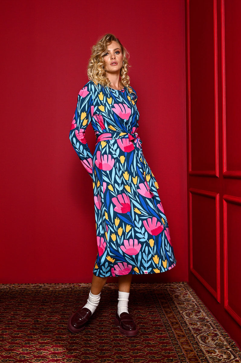 Amelia Dress Petrol Pink Tulips Φούτερ Φόρεμα με Ζώνη Petit Boutik